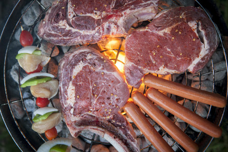 Meat on the barbecue seen from above