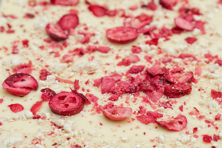 White chocolate background with berries and nougatの写真素材