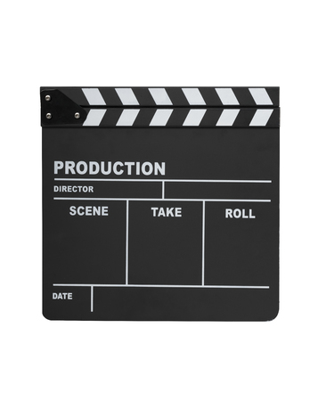 Open clapperboard isolated on white backgroundの写真素材