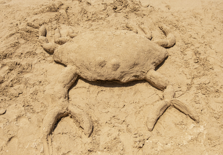 Crab on a holiday beach made out of beachsandの写真素材