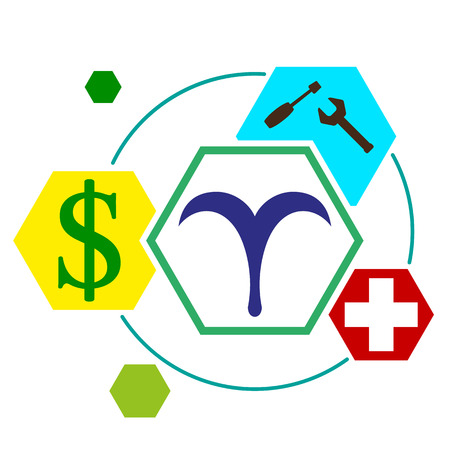 signs of the zodiac in  form  hexagonal buttons, with icons work, medicine, Finance, vector illustrationのイラスト素材