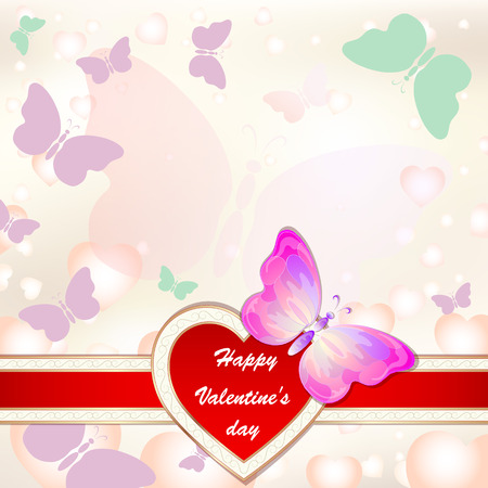 Valentine's day greeting card with flying hearts, butterflies and place for text, vector illustrationのイラスト素材