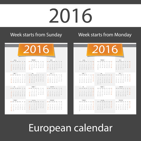 Calendar 2016, set of two templates, week starts Monday, week starts Sunday, vector illustrationのイラスト素材