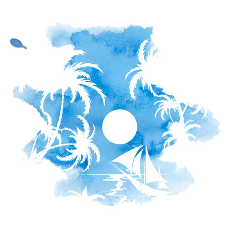 Palm tree and sailboat, watercolor background, vector illustrationのイラスト素材