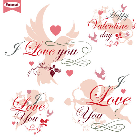 Stylish labels for Valentines day, birds, flowers, Cupid, one of four sets, illustrationのイラスト素材