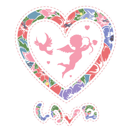 Floral frame in shape of heart with Cupid, illustrationのイラスト素材