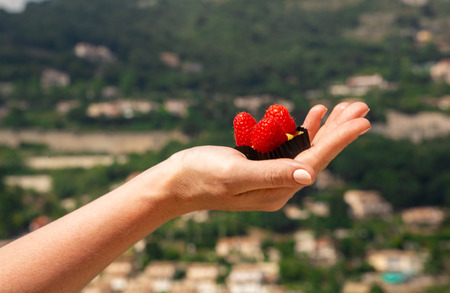 Cupcakes with raspberries in woman's hand in nature backgroundの写真素材
