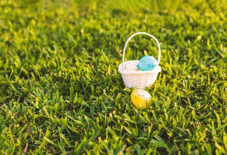 Yellow Easter egg on a green grass.の写真素材
