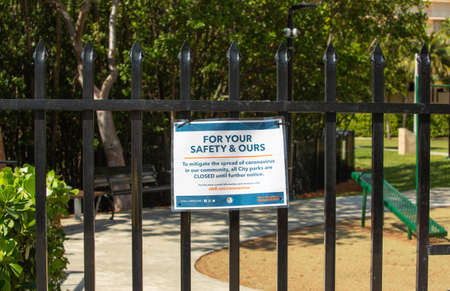 Miami, FL, USA - March 16, 2020: Empty closed Central Park in Sunny Isles Beach during coronavirus outbreak. Quarantine in Miamiのeditorial素材