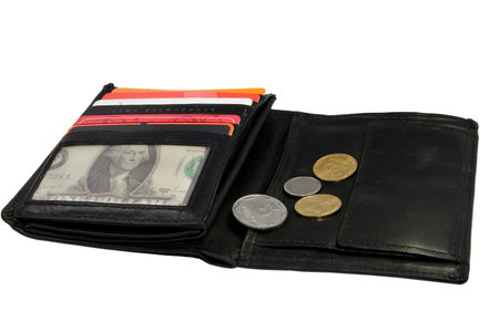 Black purse with four coins on it
