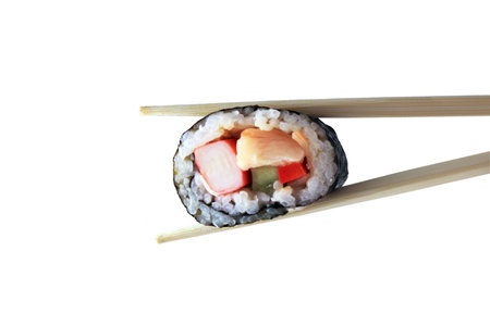 Sushi with chopsticks on the white backgroundの写真素材