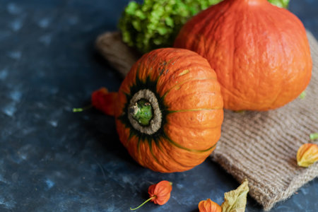 Halloween Pumpkin painted with paint, next to dry greens. On a dark background are flowers of...
