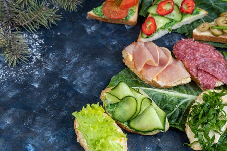 Holiday sandwiches of various shapes. Vegetarian and more. Dressing with avocado and spinach and creamy yogurt. Top cucumber, turnips, tomatoes, salami, balyk, red caviar, spinach, eggs and olives.の写真素材