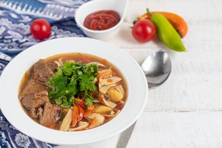 Eastern dish Lagman. Noodles, beef, blue, pepper, tomatoes. Hearty dish. Top decorated with parsley and cilantro. On a light background. Copy space.の写真素材