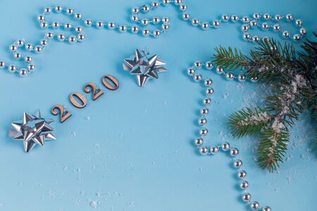 Merry Christmas card, frame, banner. New Year. New Year's gifts, holiday items in the photo. The winter vacation. New Year theme. Copy space. Flat lay. Neonの写真素材