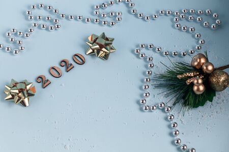 Merry Christmas card, frame, banner. New Year. New Year's gifts, holiday items in the photo. The winter vacation. New Year theme. Copy space. Flat lay. Neonの写真素材