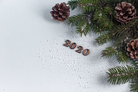 Merry Christmas card, frame, banner. New Year. New Year's gifts, holiday items in the photo. The winter vacation. New Year theme. Copy space. Flat lay. Neonの写真素材