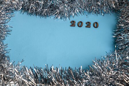 Merry Christmas card, frame, banner. New Year. New Year's gifts, holiday items in the photo. The winter vacation. New Year theme. Copy space. Flat lay. Neonの写真素材