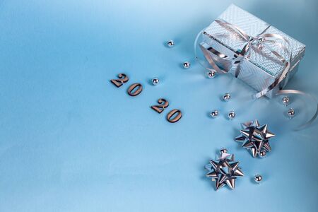 Merry Christmas card, frame, banner. New Year. New Year's gifts, holiday items in the photo. The winter vacation. New Year theme. Copy space. Flat lay. Neonの写真素材