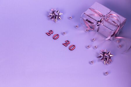 Merry Christmas card, frame, banner. New Year. New Year's gifts, holiday items in the photo. The winter vacation. New Year theme. Copy space. Flat lay. Neonの写真素材