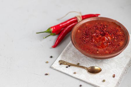 Harissa hot pepper pasta. They also use garlic, zeru and coriander. Mexican food. Seasoning for meat and other dishes. Copy space. On a light background.の写真素材