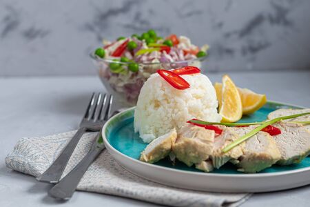Stewed chicken breast in the oven with boiled white rice. Garnished with red chili peppers, green onion strips and lemon slices. In the background a vegetable salad in a bowl. Dietary nutrition. On a dark blue background. Copy space.の写真素材