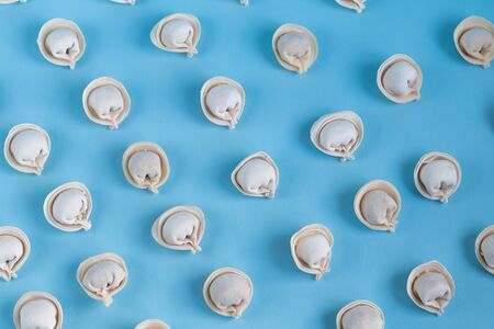 A pattern of raw, frozen dumplings on a light blue background. View from above.の写真素材