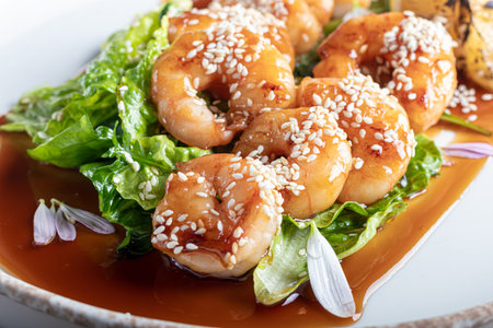 Shrimps cooked in teriyaki sauce with a slice of fried lemon on a pillow of lettuce leaves. On a white background, on a dark wooden background. Copy spaceの写真素材
