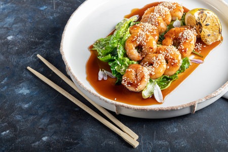 Shrimps cooked in teriyaki sauce with a slice of fried lemon on a pillow of lettuce leaves. On a...