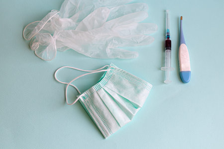 Medicines, face masks and medical gloves from CORONAVIRUS. Coronavirus vaccine. New Coronavirus...