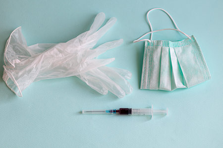 Medicines, face masks and medical gloves from CORONAVIRUS. Coronavirus vaccine. New Coronavirus...