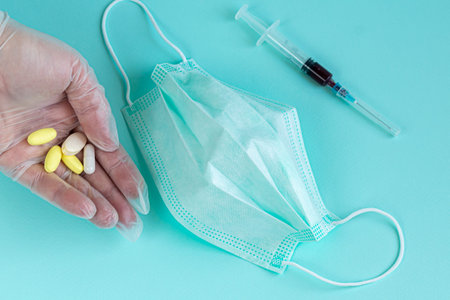 Medicines, face masks and medical gloves from CORONAVIRUS. Coronavirus vaccine. New Coronavirus...