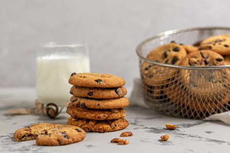 Chocolate Chip Cookies. Homemade baking. Round shape, not big. On a light gray background. Copy...