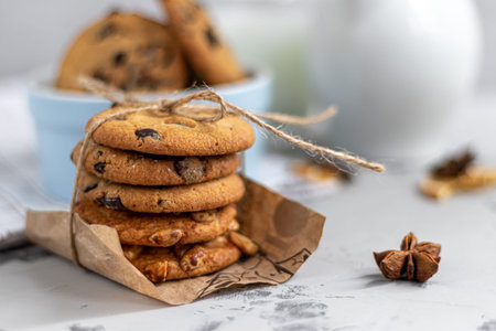 Chocolate Chip Cookies. Homemade baking. Round shape, not big. On a light gray background. Copy...