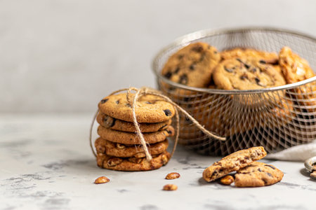 Chocolate Chip Cookies. Homemade baking. Round shape, not big. On a light gray background. Copy...