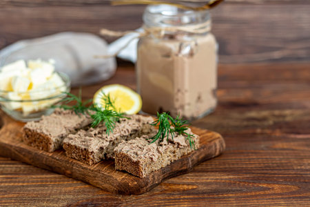 Fresh homemade chicken liver pate with carrots, onions and butter. Garnished with a sprig of dill....