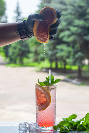 A refreshing summer cocktail with a slice of grapefruit. Alcoholic drink Paloma. Decorated with a sprig of mint and ice cubes. Foreground.の写真素材