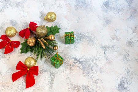 Christmas and New Year. Festive background with fir branches, Christmas tree, New Year's toys. View from above. Copy space.の写真素材