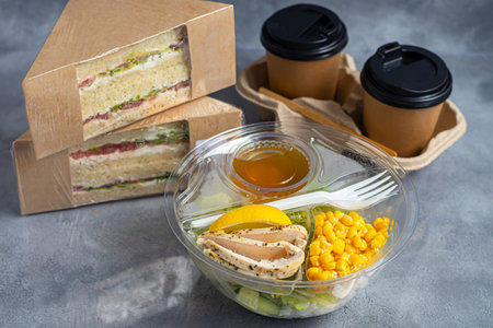 Home delivery in disposable dishes. Rice with salad and boiled chicken. Quarantine, isolation. Copy...