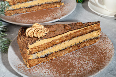 Festive cake with chocolate and crispy interlayer. Two portions. On a gray background. Birthday,...