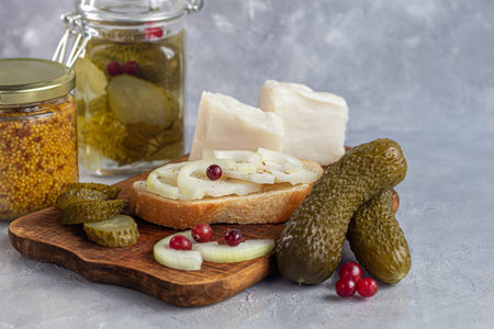 Pickled cucumbers in a glass jar on a wooden board and a sandwich with bacon. Mustard beans in the...