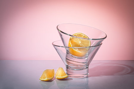 Glasses are filled with ice and cold green tea. Decorated with lemon wedges. On a light background. Copy space.の写真素材