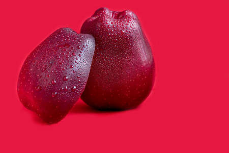 Red apples on a colored background. selective focus. harvesting. Health food. copyspace.の写真素材