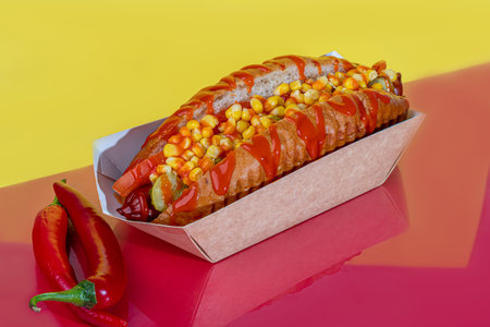 Hot dog with sausage in a paper box with tomatoes and corn, chili peppers, cucumber and lettuce. On a red background. Fast food.の写真素材