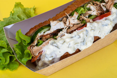 Hot dog with sausage in a paper box with tomatoes and corn, chili peppers, cucumber and lettuce. On a red background. Fast food.の写真素材