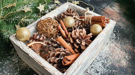 Christmas and New Year. Festive background with fir branches, Christmas tree, Christmas toys