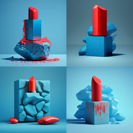 Lipstick red, standing on a rectangular granite stone. Blue background.の写真素材