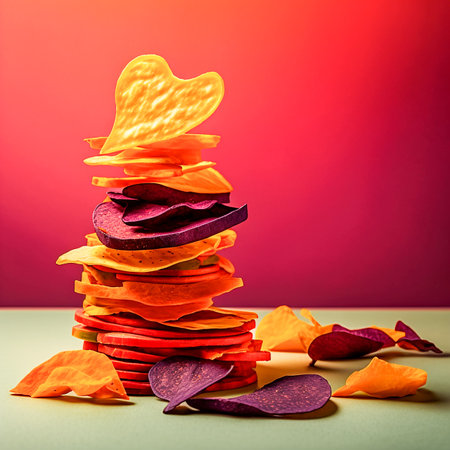 A stack of dehydrated, dried organic vegetable chips. From carrots and potatoes and beets. Generative AI. copy spaceの素材