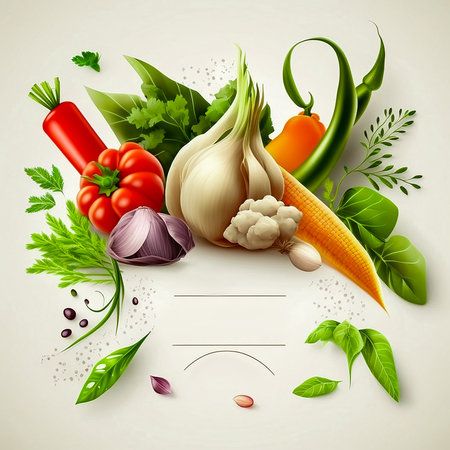 Assorted raw organic vegetables. Vegetables and herbs background or banner. Generative AI. copy spaceの素材