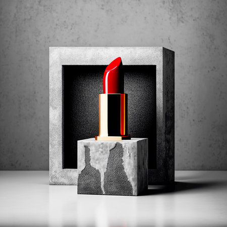 Lipstick red, standing on a rectangular granite stone. Gray von. Generative AI. copy spaceの素材